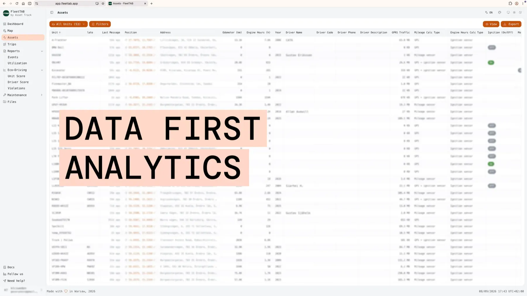 FleetTAB asset table with odometer, engine hours, driver, GPRS traffic and mileage calculation columns