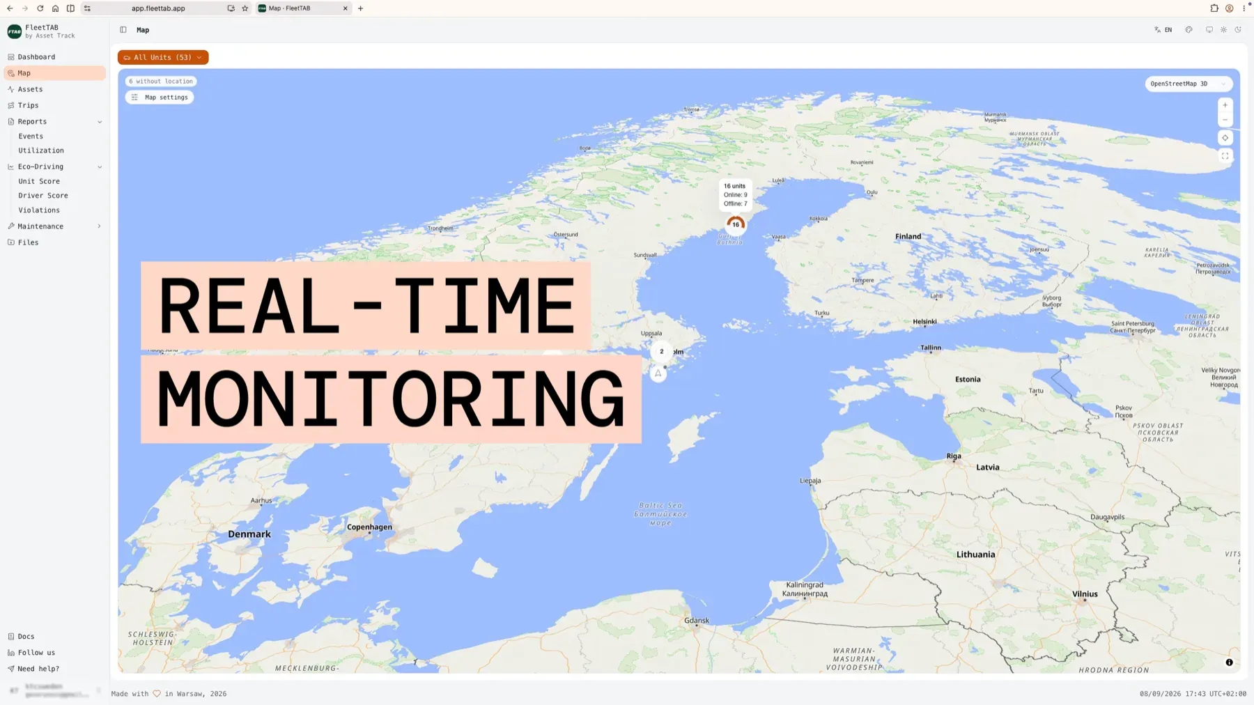 FleetTAB live map with units clustered across the Baltic region and online and offline counts